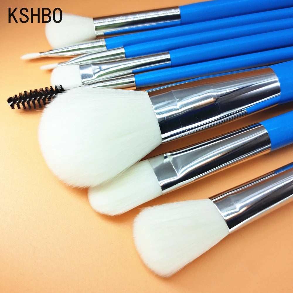 Blue Makeup Brushes Set Cosmetic Brush Eyeshadow Eyebrow Eyelash Face Foundation Blush Lips Beauty Make Up Tools and Powder Puff