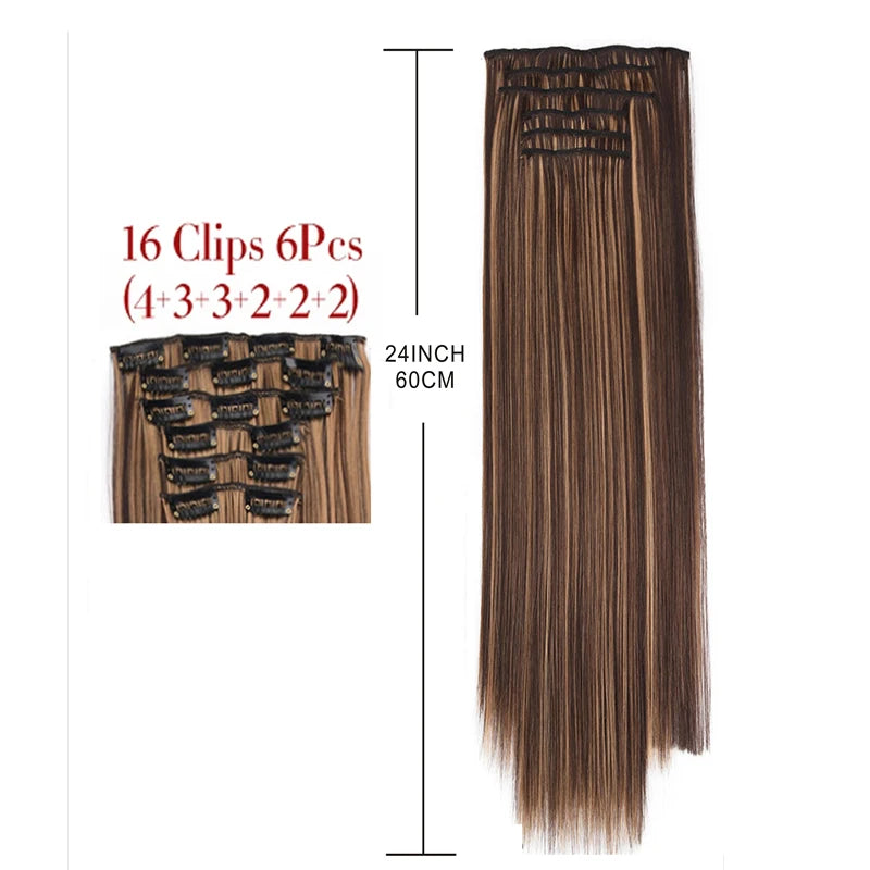 24 Inchs 16 Clips in Hair Extensions Long Straight Hairstyle Synthetic Blonde Black Hairpieces Heat Resistant False Hair