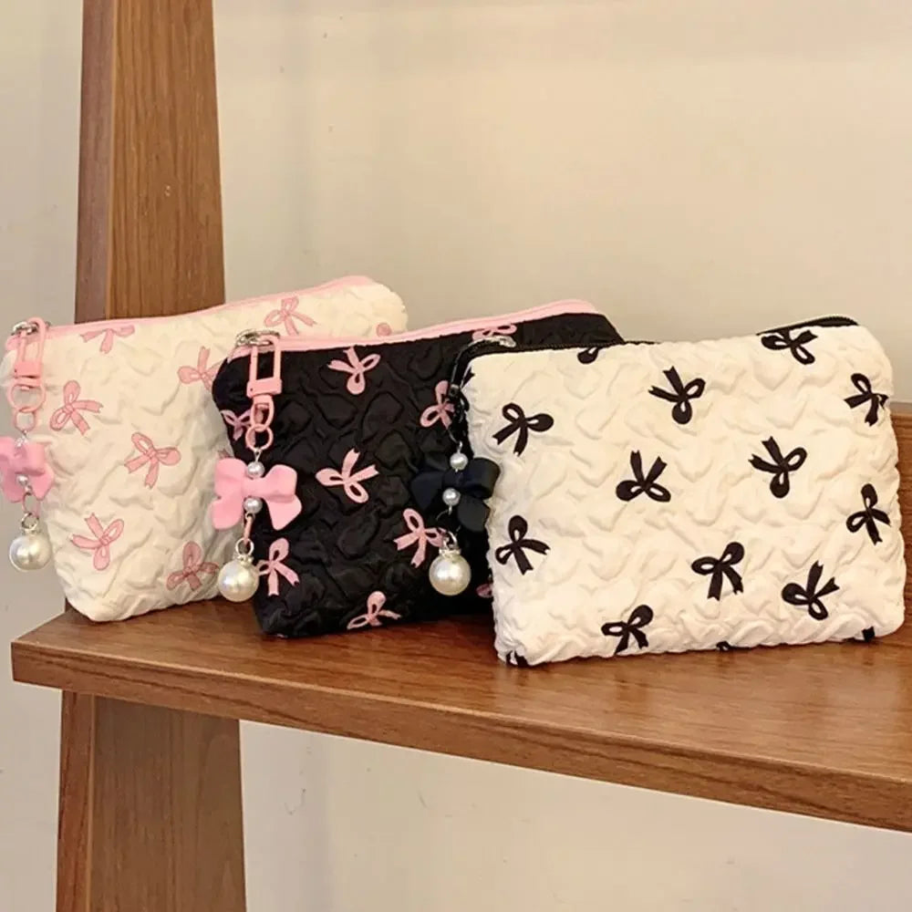 Pleated Bow Cosmetic Bag | Cotton Makeup Bag for Women Quilted Travel Girls' Make Up Organizer Portable Little Bow Makeup Pouch