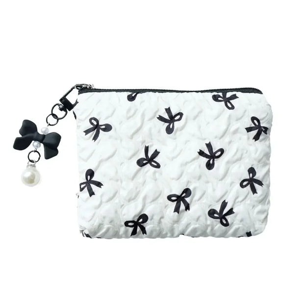 Pleated Bow Cosmetic Bag | Cotton Makeup Bag for Women Quilted Travel Girls' Make Up Organizer Portable Little Bow Makeup Pouch
