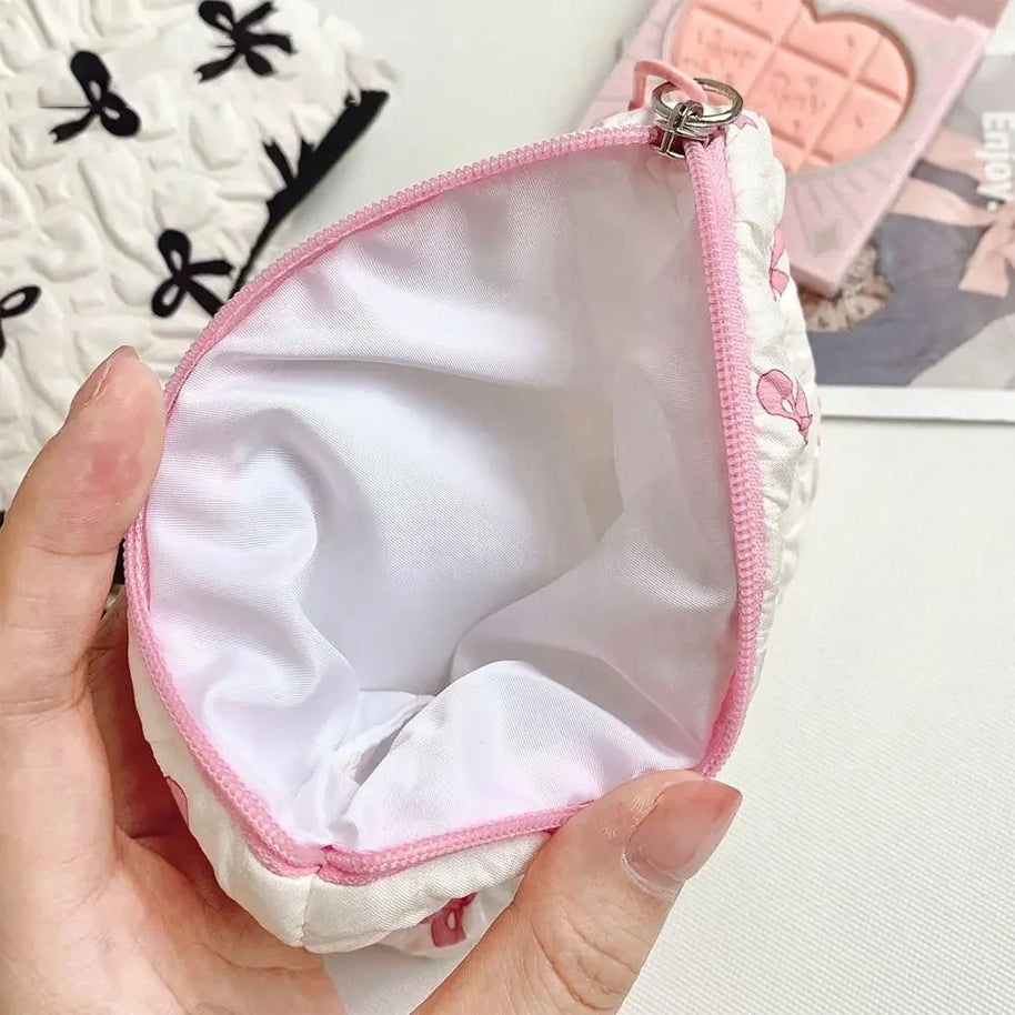 Pleated Bow Cosmetic Bag | Cotton Makeup Bag for Women Quilted Travel Girls' Make Up Organizer Portable Little Bow Makeup Pouch