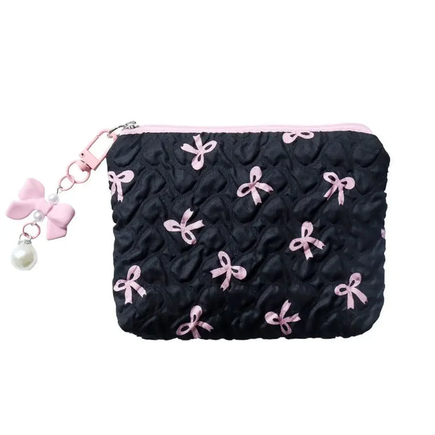 Pleated Bow Cosmetic Bag | Cotton Makeup Bag for Women Quilted Travel Girls' Make Up Organizer Portable Little Bow Makeup Pouch