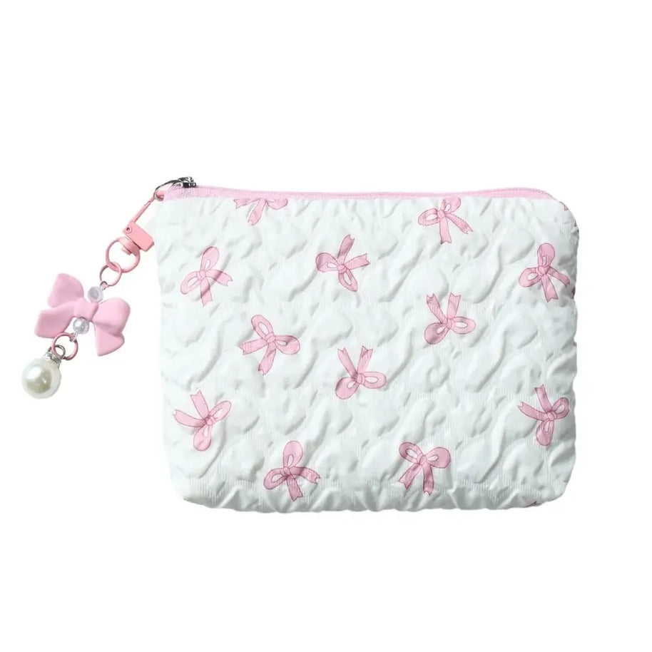 Pleated Bow Cosmetic Bag | Cotton Makeup Bag for Women Quilted Travel Girls' Make Up Organizer Portable Little Bow Makeup Pouch
