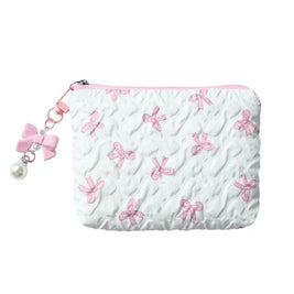 Pleated Bow Cosmetic Bag | Cotton Makeup Bag for Women Quilted Travel Girls' Make Up Organizer Portable Little Bow Makeup Pouch