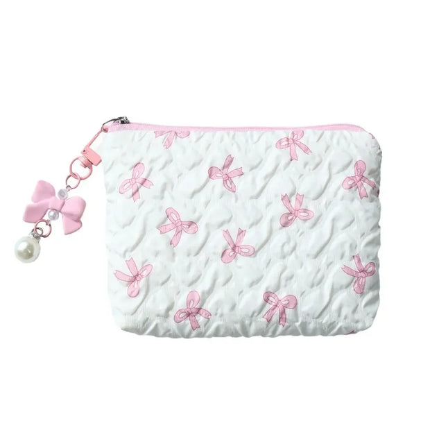 Pleated Bow Cosmetic Bag | Cotton Makeup Bag for Women Quilted Travel Girls' Make Up Organizer Portable Little Bow Makeup Pouch