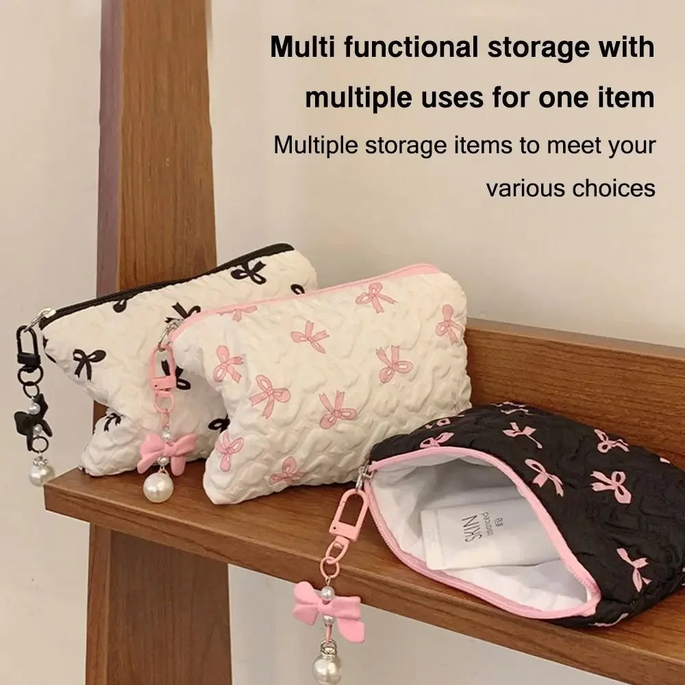 Pleated Bow Cosmetic Bag | Cotton Makeup Bag for Women Quilted Travel Girls' Make Up Organizer Portable Little Bow Makeup Pouch