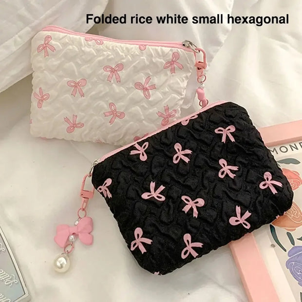Pleated Bow Cosmetic Bag | Cotton Makeup Bag for Women Quilted Travel Girls' Make Up Organizer Portable Little Bow Makeup Pouch