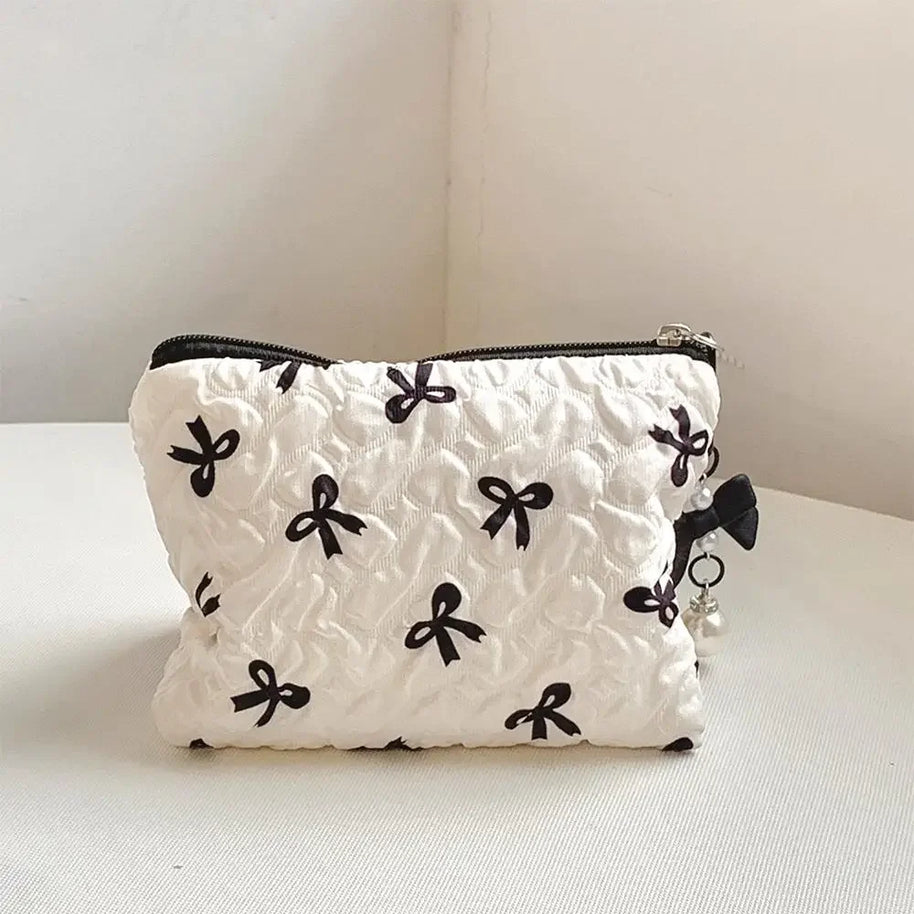 Pleated Bow Cosmetic Bag | Cotton Makeup Bag for Women Quilted Travel Girls' Make Up Organizer Portable Little Bow Makeup Pouch