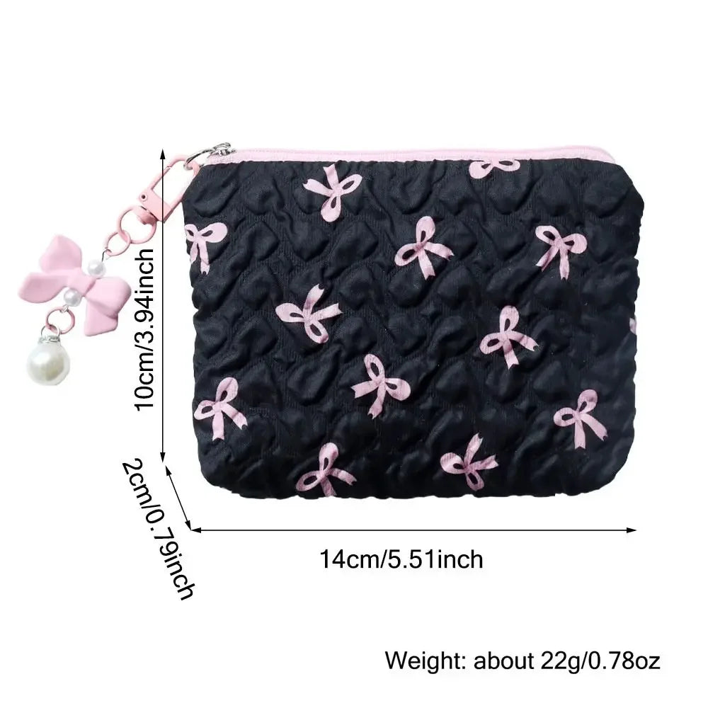 Pleated Bow Cosmetic Bag | Cotton Makeup Bag for Women Quilted Travel Girls' Make Up Organizer Portable Little Bow Makeup Pouch