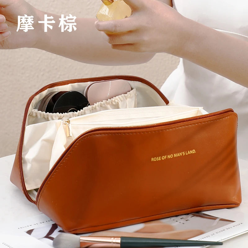 Large-Capacity Travel Cosmetic Bag Portable PU Makeup Pouch Women Waterproof Bathroom Wash Handbag Multi-functional