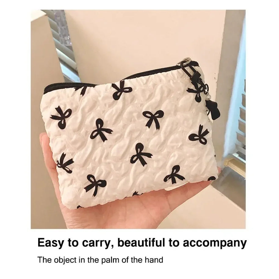 Pleated Bow Cosmetic Bag | Cotton Makeup Bag for Women Quilted Travel Girls' Make Up Organizer Portable Little Bow Makeup Pouch