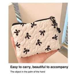 Pleated Bow Cosmetic Bag | Cotton Makeup Bag for Women Quilted Travel Girls' Make Up Organizer Portable Little Bow Makeup Pouch