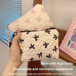 Pleated Bow Cosmetic Bag | Cotton Makeup Bag for Women Quilted Travel Girls' Make Up Organizer Portable Little Bow Makeup Pouch