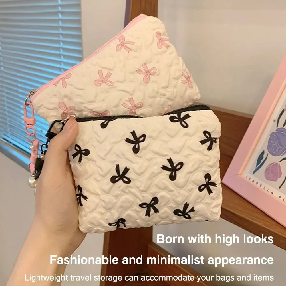 Pleated Bow Cosmetic Bag | Cotton Makeup Bag for Women Quilted Travel Girls' Make Up Organizer Portable Little Bow Makeup Pouch