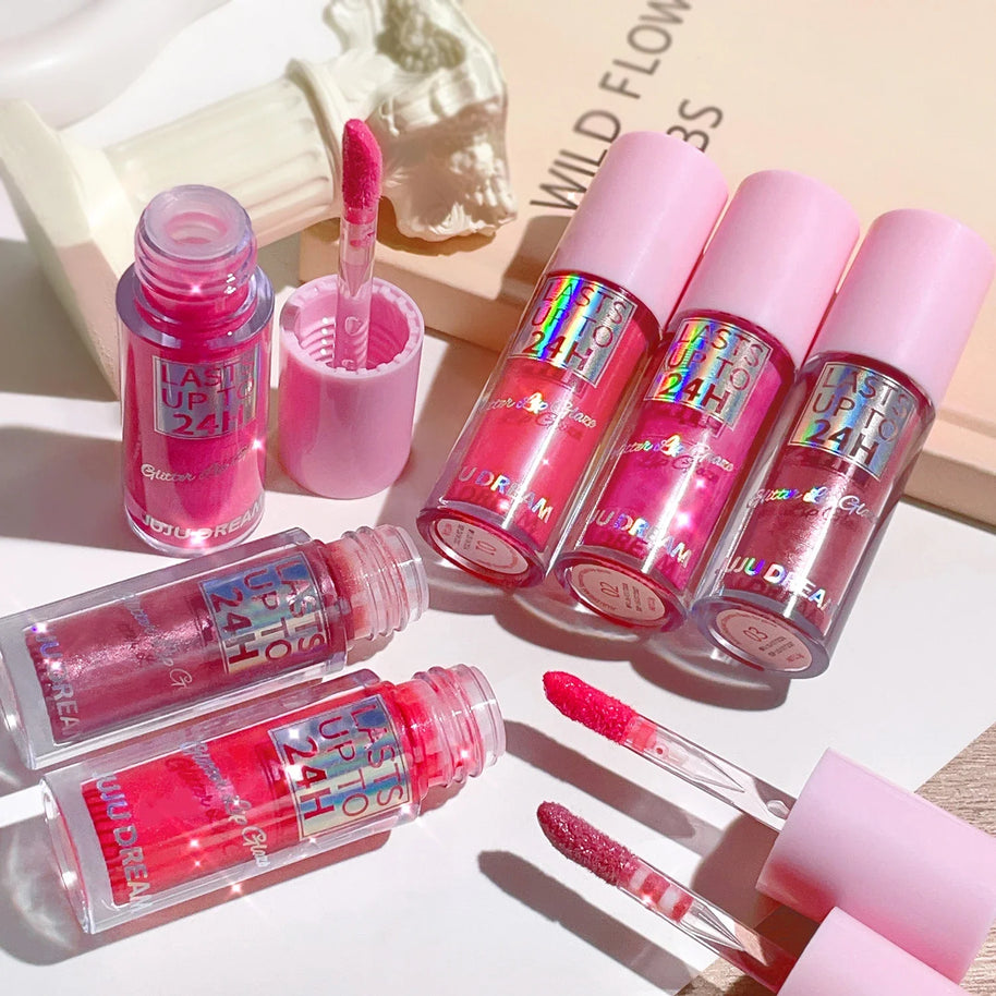 Long-Lasting Lip Gloss - Moisturizing, Lightweight & Sparkling Finish in Classic Red, Elegant Nude & Sweet Pink Shades