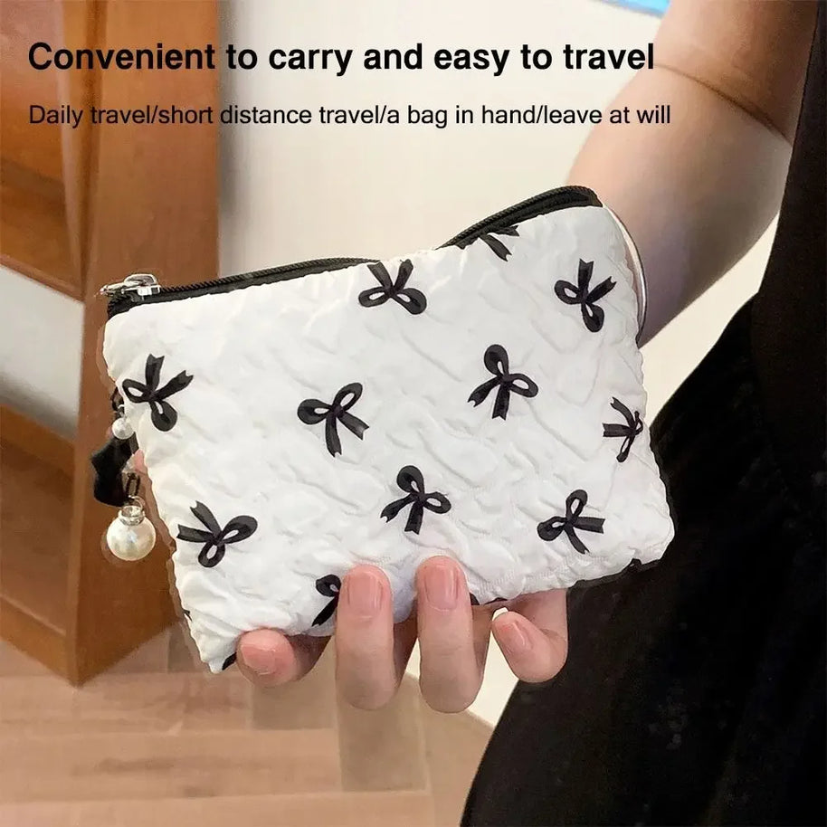 Pleated Bow Cosmetic Bag | Cotton Makeup Bag for Women Quilted Travel Girls' Make Up Organizer Portable Little Bow Makeup Pouch