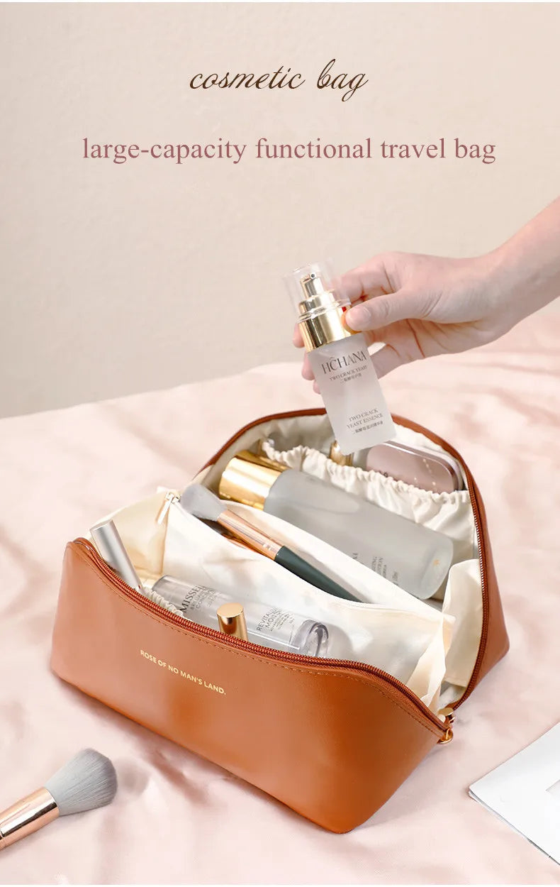 Large-Capacity Travel Cosmetic Bag Portable PU Makeup Pouch Women Waterproof Bathroom Wash Handbag Multi-functional