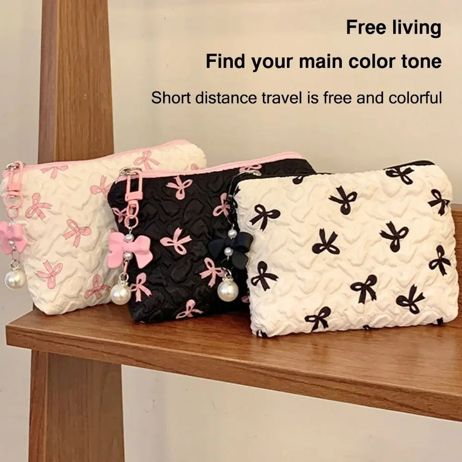 Pleated Bow Cosmetic Bag | Cotton Makeup Bag for Women Quilted Travel Girls' Make Up Organizer Portable Little Bow Makeup Pouch